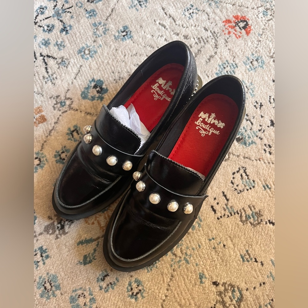 Minx Boutique black loafers with pearl detail